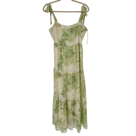 Line and Dot Palm Maxi Dress Cream Green Tie Straps Bohemian Beach Vacay XS - Picture 2 of 9